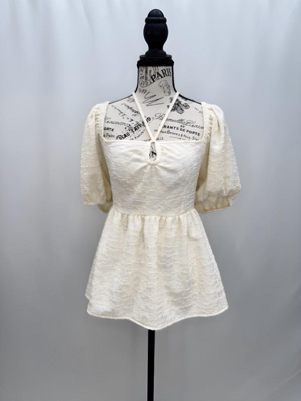 Cream Textured Puff Sleeve Babydoll Top- Large
